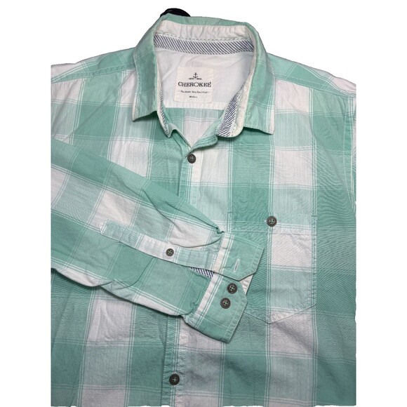 Cherokee Men’s Short Long Sleeve White Blue Plaid Shirt Medium - Picture 6 of 7